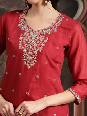 red silk blend embroidered straight kurta dupatta palazzo set 4
