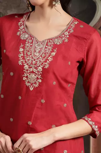 red silk blend embroidered straight kurta dupatta palazzo set