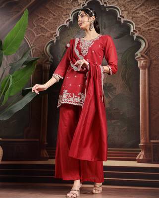 red silk blend embroidered straight kurta dupatta palazzo set 5
