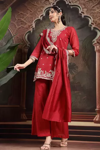 red silk blend embroidered straight kurta dupatta palazzo set
