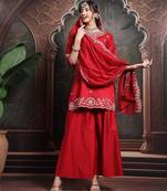 red embroidered straight kurta palazzo dupatta set have a lining kurta
