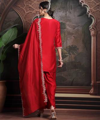 red embroidered straight kurta palazzo dupatta set have a lining kurta 3