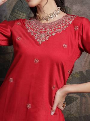 red embroidered straight kurta palazzo dupatta set have a lining kurta 4