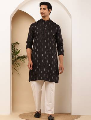 Men's black viscose blend kurta with subtle gold print 1