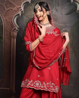 red embroidered straight kurta palazzo dupatta set have a lining kurta 5