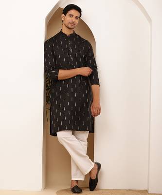 Men's black viscose blend kurta with subtle gold print 2