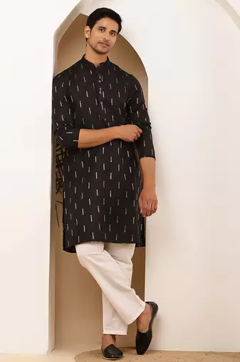 Men's black viscose blend kurta with subtle gold print