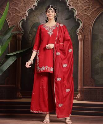 red thread work dori embroidery straight kurta palazzo dupatta set 1