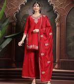 red thread work dori embroidery straight kurta palazzo dupatta set
