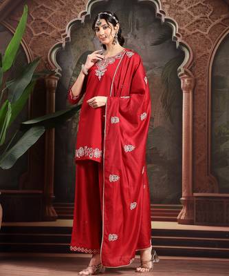 red thread work dori embroidery straight kurta palazzo dupatta set 2