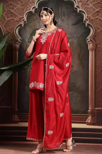 red thread work dori embroidery straight kurta palazzo dupatta set