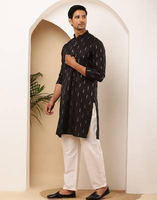 Men's black viscose blend kurta with subtle gold print 3