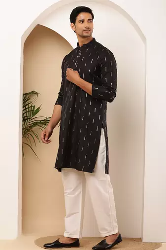 Men's black viscose blend kurta with subtle gold print