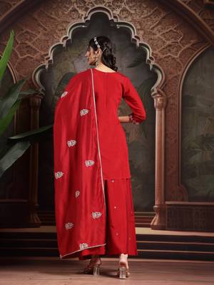 red thread work dori embroidery straight kurta palazzo dupatta set 3