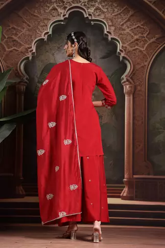 red thread work dori embroidery straight kurta palazzo dupatta set