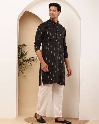 Men's black viscose blend kurta with subtle gold print 4