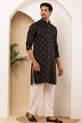 Men's black viscose blend kurta with subtle gold print