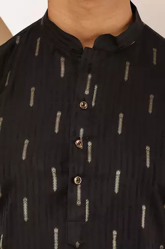 Men's black viscose blend kurta with subtle gold print