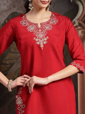 red thread work dori embroidery straight kurta palazzo dupatta set 4