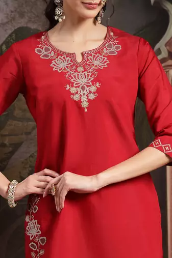 red thread work dori embroidery straight kurta palazzo dupatta set