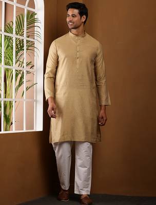 Men's golden brown viscose blend kurta with festive finish 1