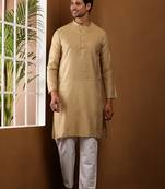 Men's golden brown viscose blend kurta with festive finish