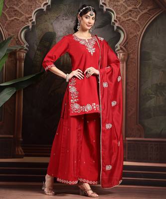red thread work dori embroidery straight kurta palazzo dupatta set 5