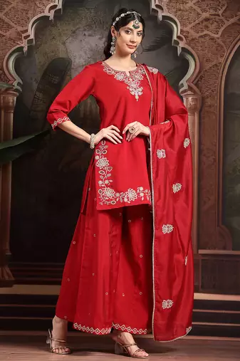red thread work dori embroidery straight kurta palazzo dupatta set