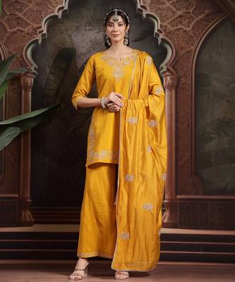 yellow embroidered straight kurta palazzo dupatta set 1