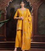yellow embroidered straight kurta palazzo dupatta set