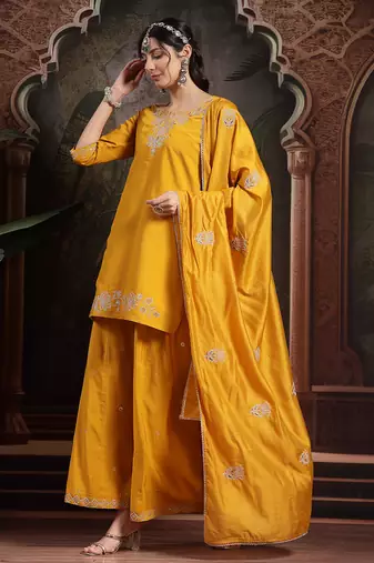 yellow embroidered straight kurta palazzo dupatta set