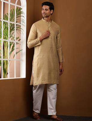 Men's golden brown viscose blend kurta with festive finish 2