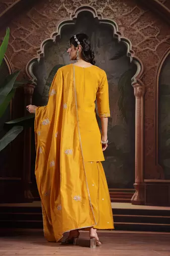 yellow embroidered straight kurta palazzo dupatta set