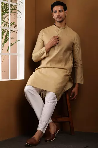 Men's golden brown viscose blend kurta with festive finish