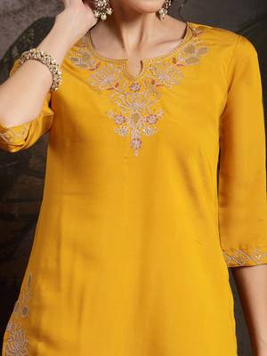 yellow embroidered straight kurta palazzo dupatta set 4