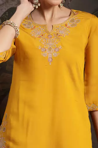 yellow embroidered straight kurta palazzo dupatta set