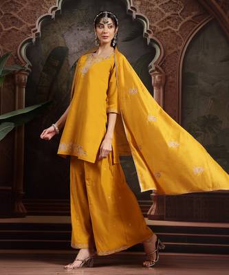 yellow embroidered straight kurta palazzo dupatta set 5