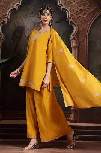 yellow embroidered straight kurta palazzo dupatta set