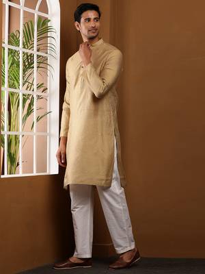Men's golden brown viscose blend kurta with festive finish 4