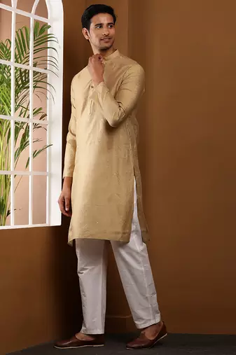 Men's golden brown viscose blend kurta with festive finish