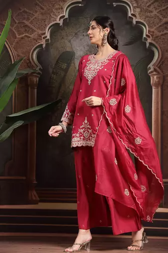 pink embroidered straight kurta palazzo dupatta set
