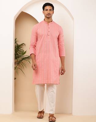 Men's coral pink cotton kurta with all-over print 1