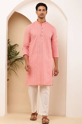 Men's coral pink cotton kurta with all-over print