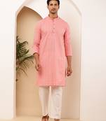 Men's coral pink cotton kurta with all-over print