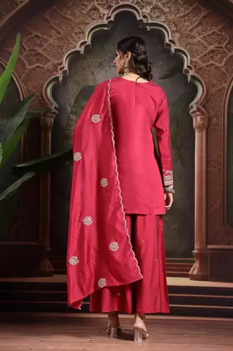 pink embroidered straight kurta palazzo dupatta set