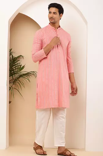 Men's coral pink cotton kurta with all-over print