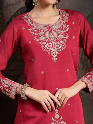 pink embroidered straight kurta palazzo dupatta set 4