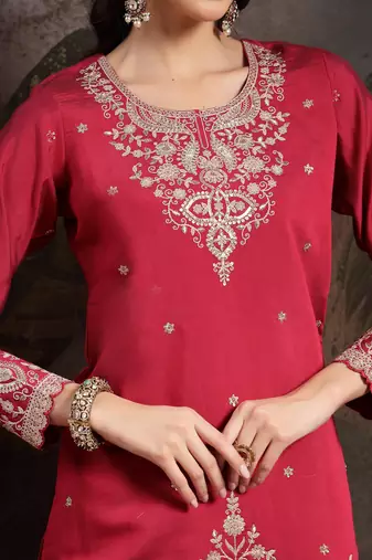 pink embroidered straight kurta palazzo dupatta set