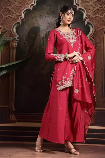 pink embroidered straight kurta palazzo dupatta set