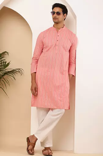 Men's coral pink cotton kurta with all-over print